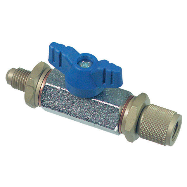 N794-3640 Afsluiter passend op vulslang, 1/4" SAE uitw. x 1/4" SAE inw., losse moer met ventielkern, blauw.