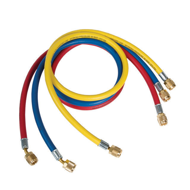 N794-3065 Refco CCL-48 |  Set van 3 slangen | 120 cm | blauw/rood/geel | 1x 1/4" SAE recht | 1x 1/4" SAE haaks met core depressor