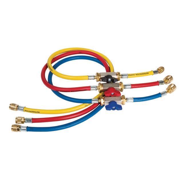 N794-3160 Refco CCL-36-CX |  Set van 3 slangen met kogelklep | 90 cm | 5/16"SAE | blauw/rood/geel | met geïntegreerde kogelklep