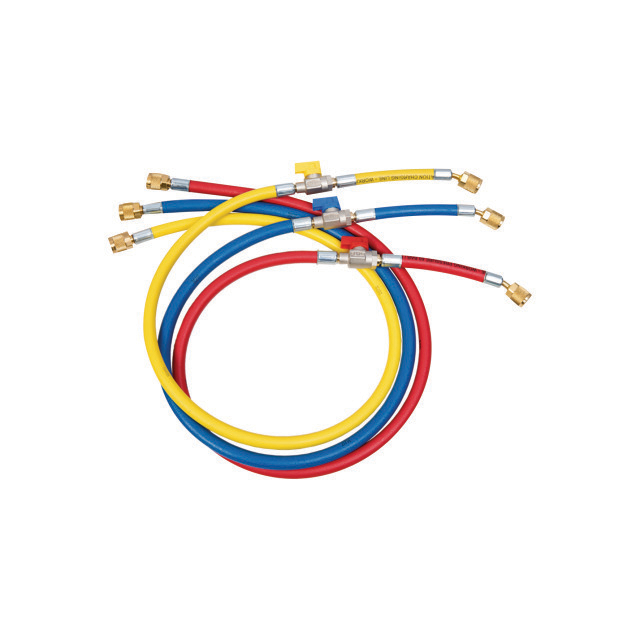 N794-3175 Refco CCL-36-CA |  Set van 3 slangen met kogelklep | 90 cm | blauw/rood/geel | 1x 1/4" SAE recht | 1x 1/4" SAE haaks met core depressor