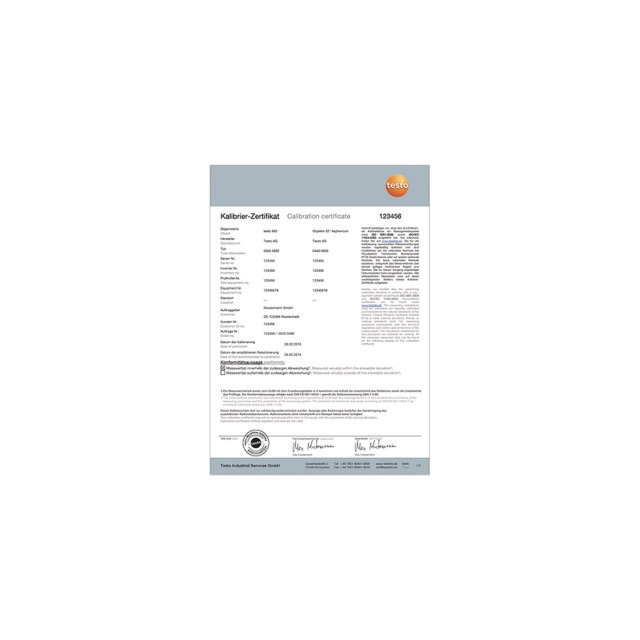 N837-9070 Testo Certificaat op 0, 25 en 50 graden