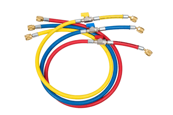 N794-3175 Refco CCL-36-CA |  Set van 3 slangen met kogelklep | 90 cm | blauw/rood/geel | 1x 1/4" SAE recht | 1x 1/4" SAE haaks met core depressor
