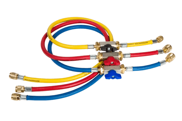 N794-3160 Refco CCL-36-CX |  Set van 3 slangen met kogelklep | 90 cm | 5/16"SAE | blauw/rood/geel | met geïntegreerde kogelklep